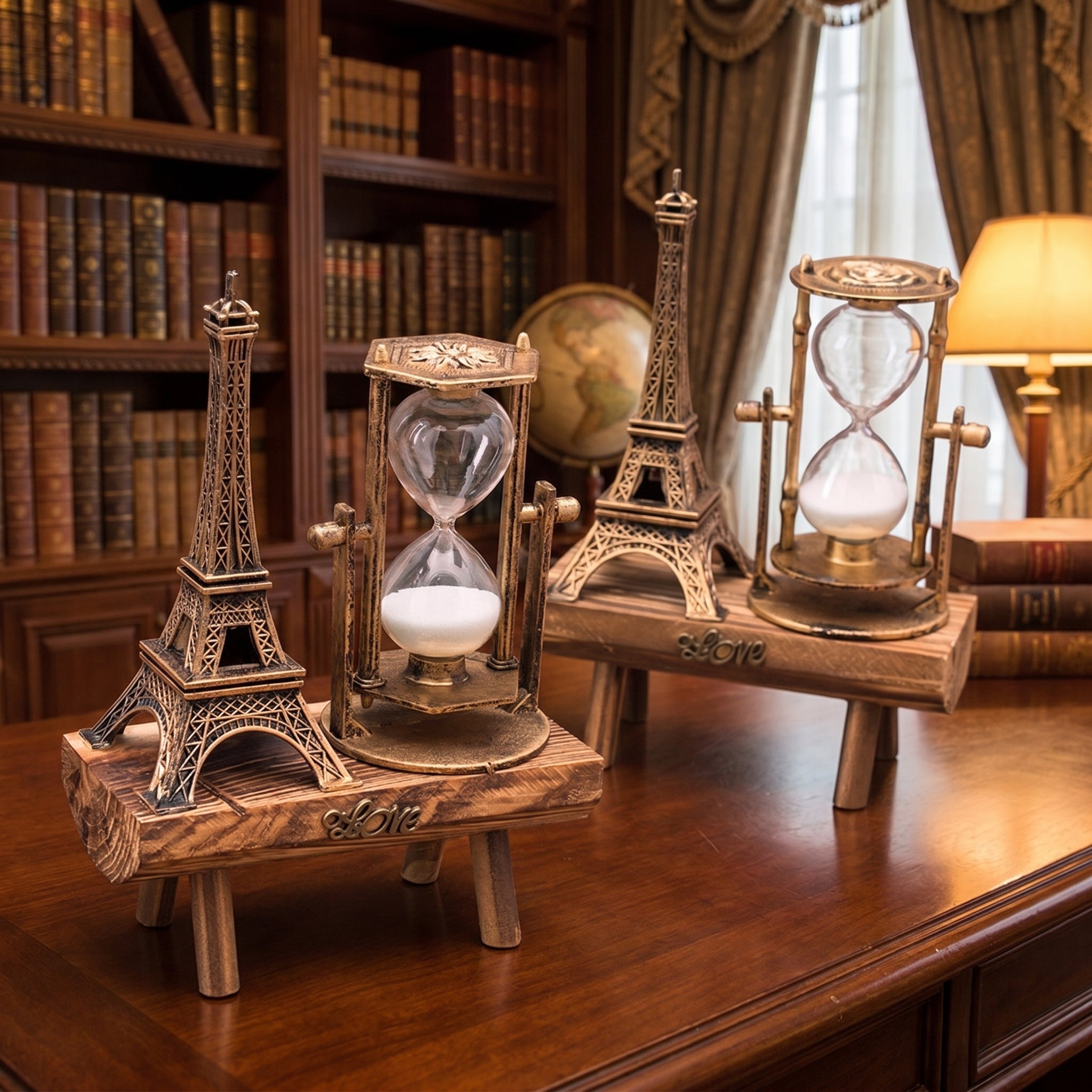 Vintage Eiffel Tower Hourglass Ornament - Wooden Base with Metal Craftsmanship, Home & Study Desk Decor, Creative Birthday Gift (Antique Bronze)