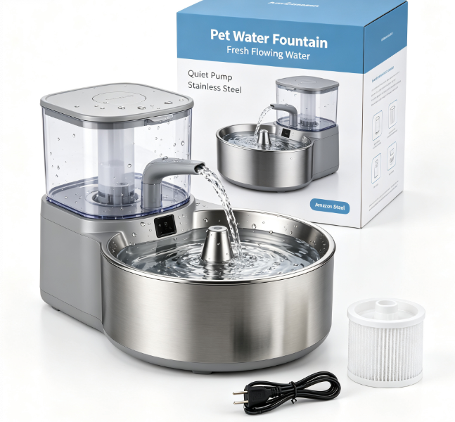 Stainless Steel Automatic Pet Water Fountain for Cats, Quiet Pump Fresh Flowing Water Dispenser with Replaceable Filter System