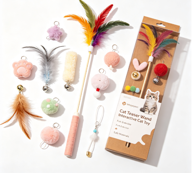 Premium Interactive Cat Teaser Wand Toy Set with Colorful Feathers, Bells & Multiple Replacement Attachments, Safe Durable Wand for Kitten Exercise & Play